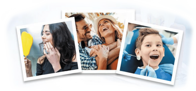 Collage of candid photos showing smiling patients and staff at a dental office