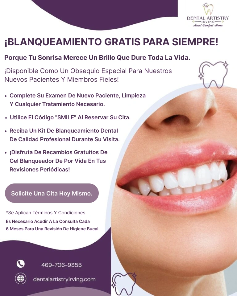 Spanish language promotional flyer for free whitening for new patients at Dental Artistry Irving